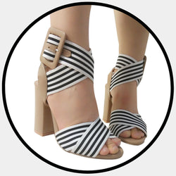 Striped Belt Buckle Heel Sandals